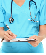 image of a medical person with medical chart and stethoscope
