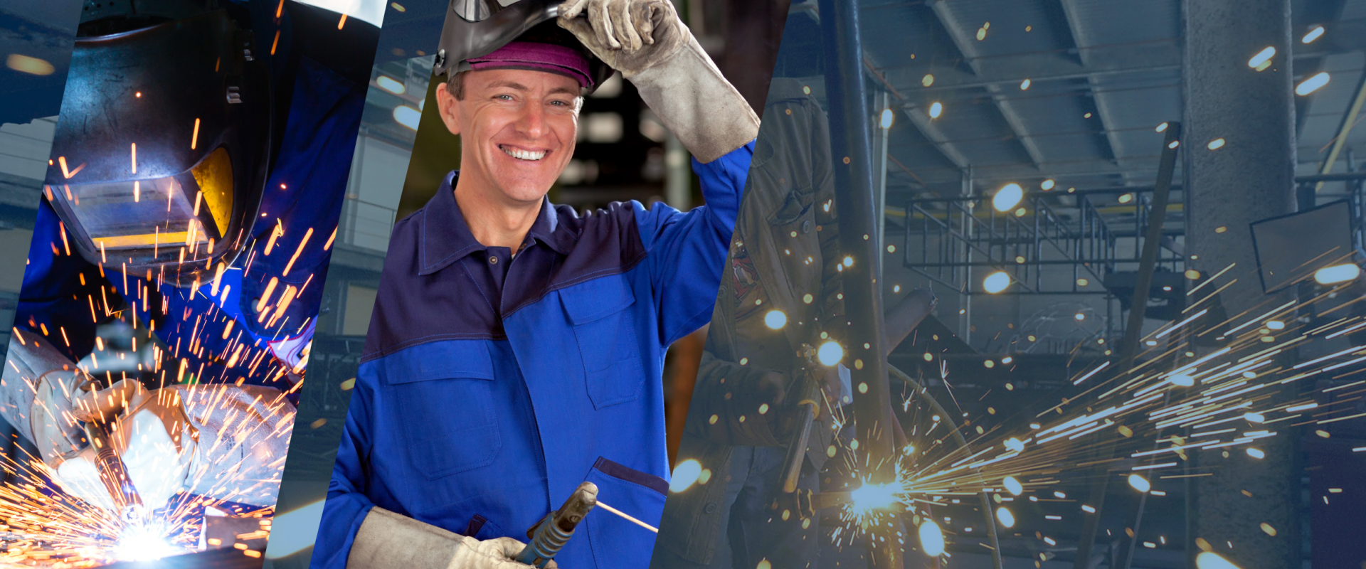 Welding image with a welder welding, a man in a welding uniform and a man plasma cutting