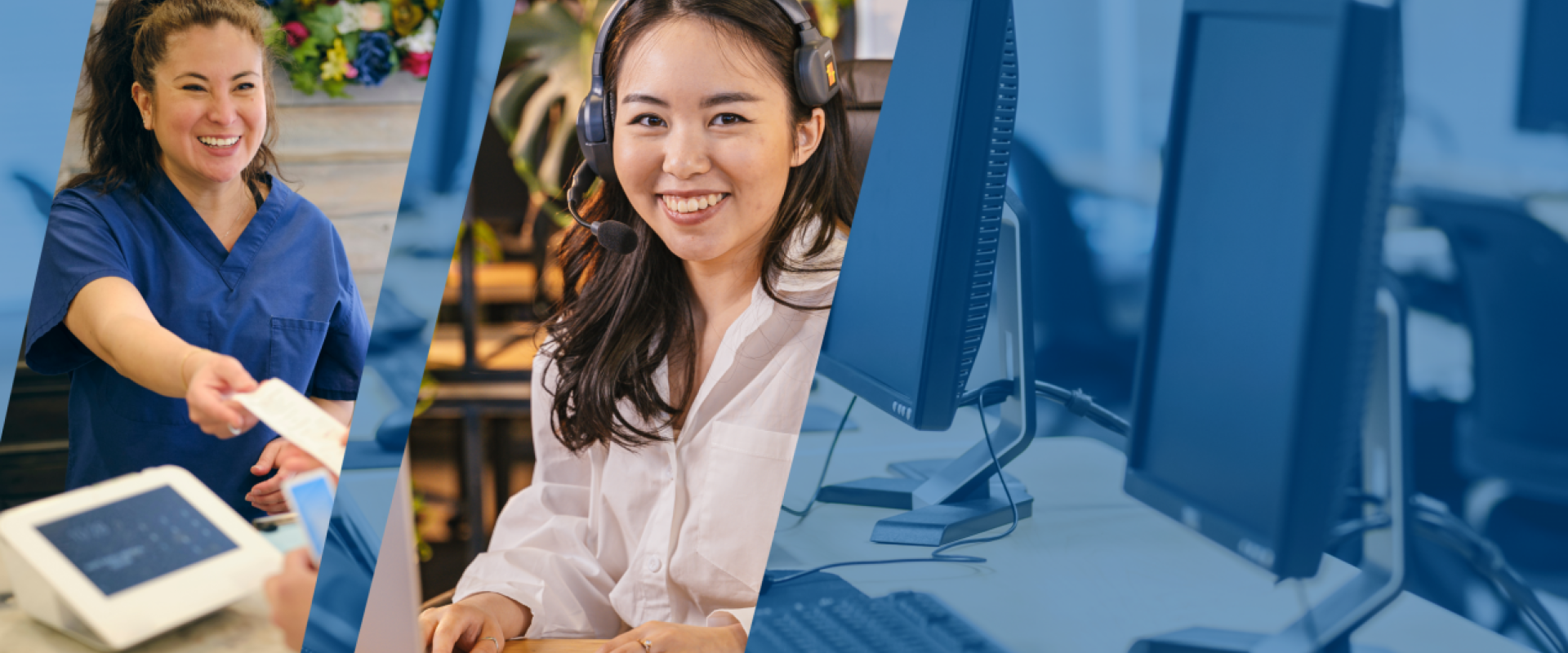 A split image showing a health receptionist, a woman with a headset and a computer and an image with computers