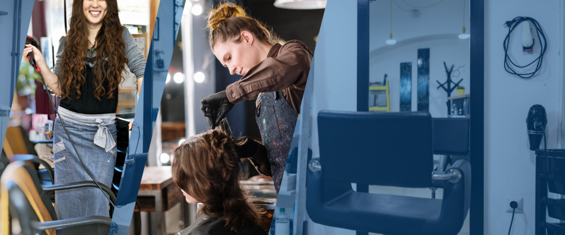 A split image with a woman with a hairdryer, a hairstylist cutting a woman's hair and then a salon chair in a salon. 