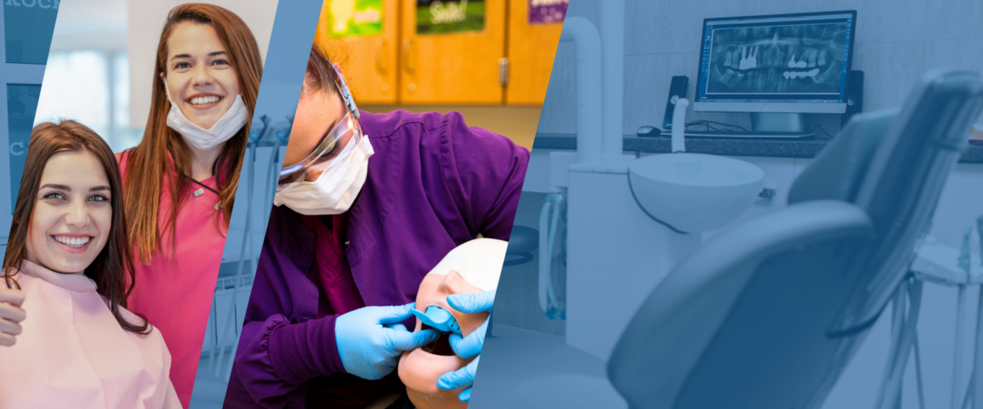 Split Image with two women and one is wearing a mask, a woman working on the teeth of a test dummy, and a dentist chair