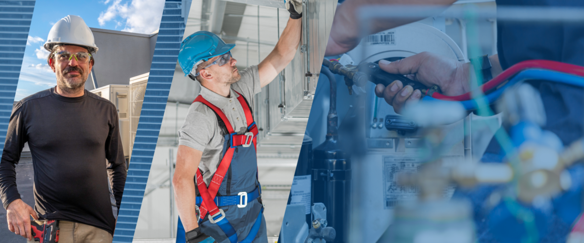 Split Image with a man wearing a hard hat, a man looking at a HVAC pipe and hands working on HVAC equipment