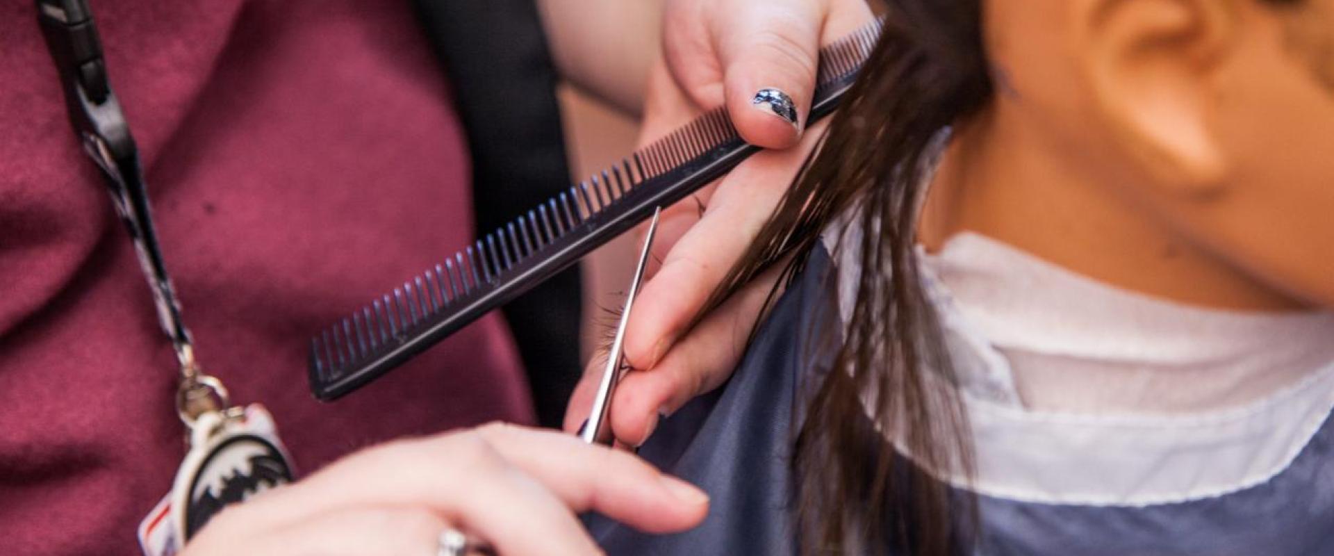 Close up image of someone cutting hair while holding scissors