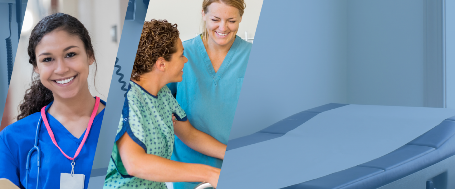 Split image with a nurse, a nurse helping a patient and a hospital bed