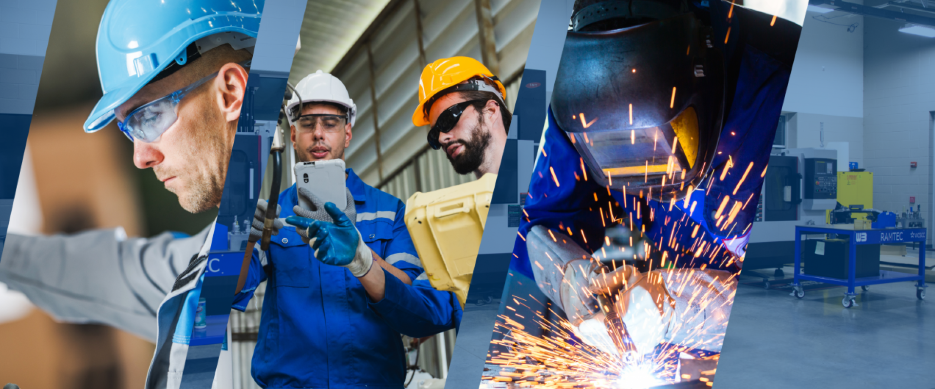 A split image showing a man in a hardhat, two men in hardhats looking at a device, a welder welding and a machine shop