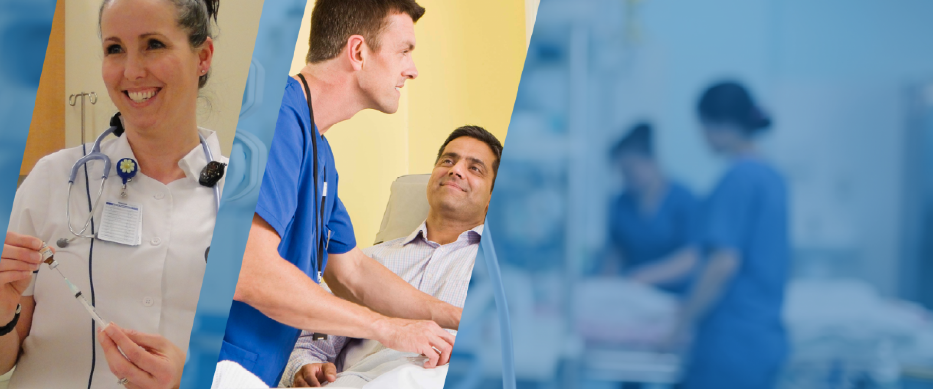 Split image of a nurse with a syringe and needle, a nurse at the bed side on another man, out of focus image of two nurses at a hospital bed caring for a patient