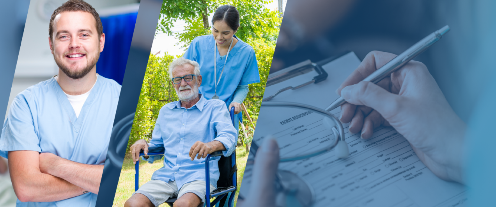 Split image of a male nurse, a woman pushing an elderly male in a wheelchair and a nurse filling out a chart