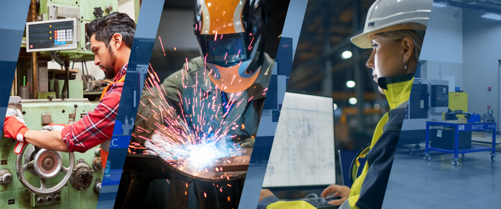 Split image on a man at a machine lathe, someone welding, a woman in a hard hat and a machine shop