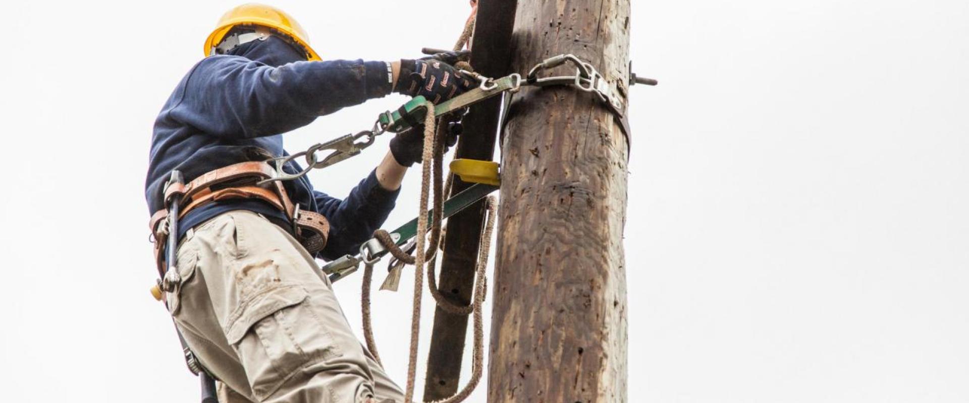 An individual on a telephone pole