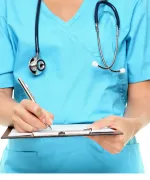 Nurse holding a clipboard. 