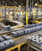 Photo from inside an industrial warehouse. Numerous conveyor belts and robots. 